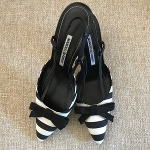 Manolo Blahnik Black/White Stripe Canvas and leather Sling Back Sandal sz 38 1/2